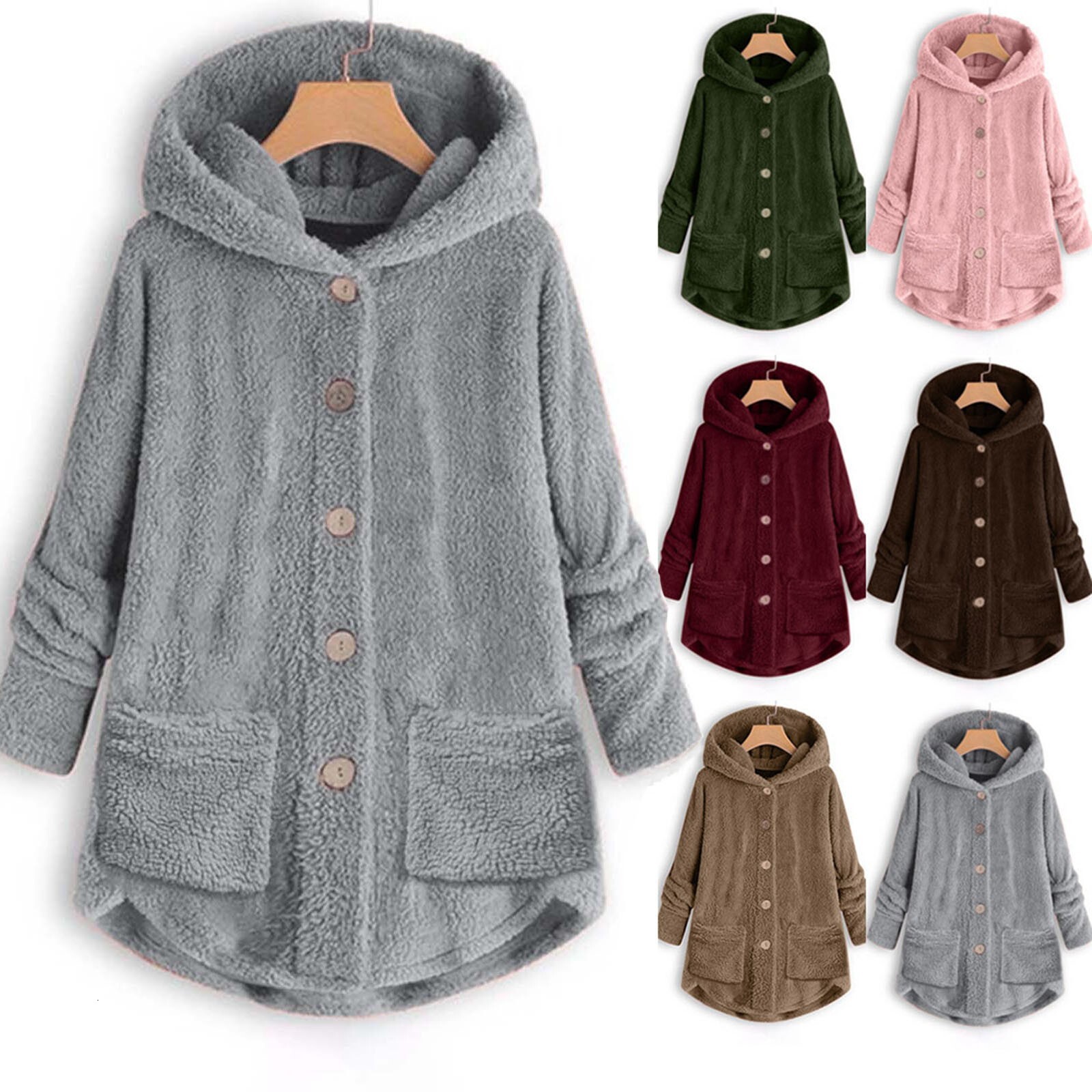 Women's Winter Fashion Plush Pocket Irregular Long Sleeve Keep Cat Ears Warm Coat