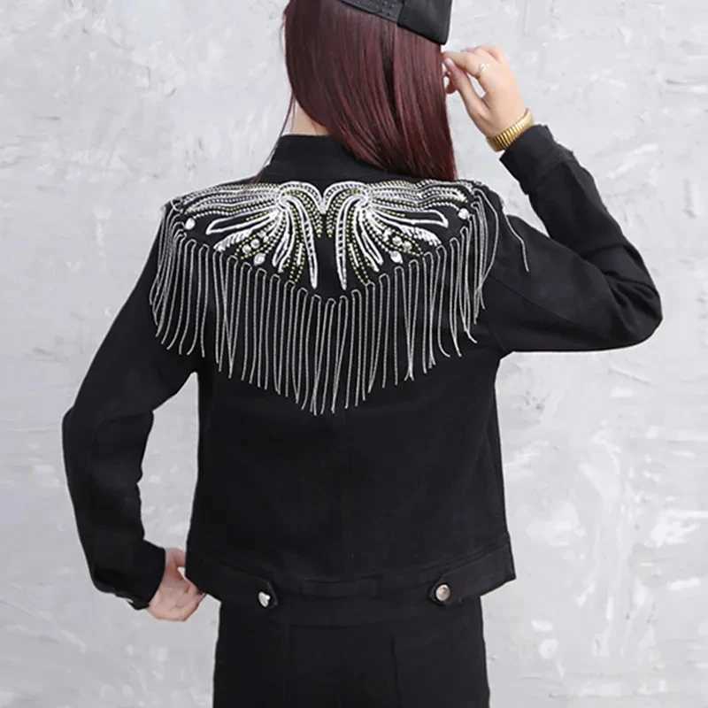 Fashion Black Denim Jacket Women Clothes 2023 Spring and Autumn New Jean Coat Female Tassel Sequin Slim Fitting Jackets TrendX240920