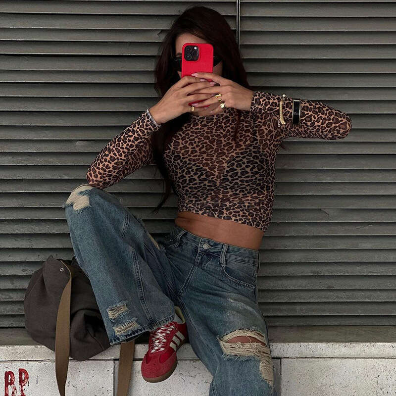 Hallowmas Womens summer new round neck leopard print mesh see through long sleeved T-shirt top