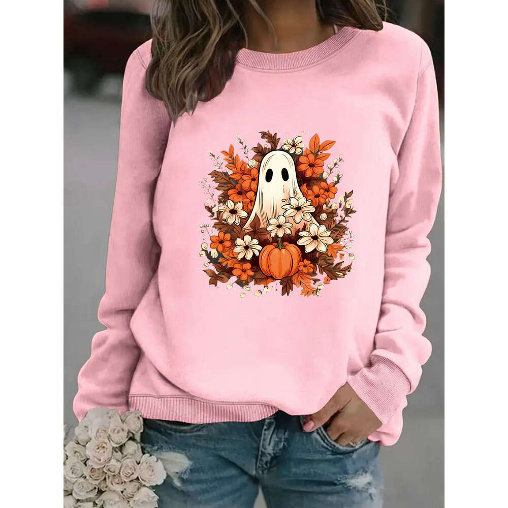 Hallowmas Autumn Winter Womens Casual Long Sleeved Round Neck Ghost and Floral Print Pullover Sweatshirt Womens Jacket Coats Designer Women Autumn Dre