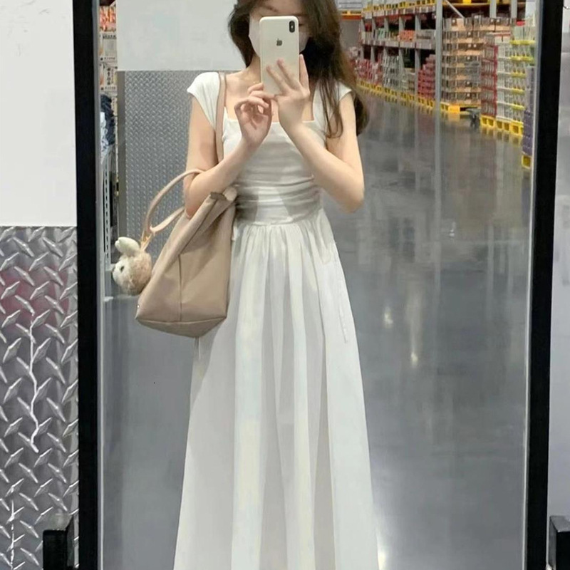 French square necke pure desire spicy girl white dress for women's summer new waist style slim fit tie high waisted long skirt