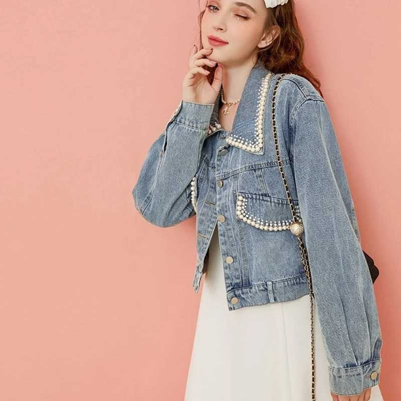 Denim Short Coat Women Lovely Autumn Pearls Buttons Lapel Loose Jacket Korean Fashion Female Casual Light Blue Street OutwearX240920
