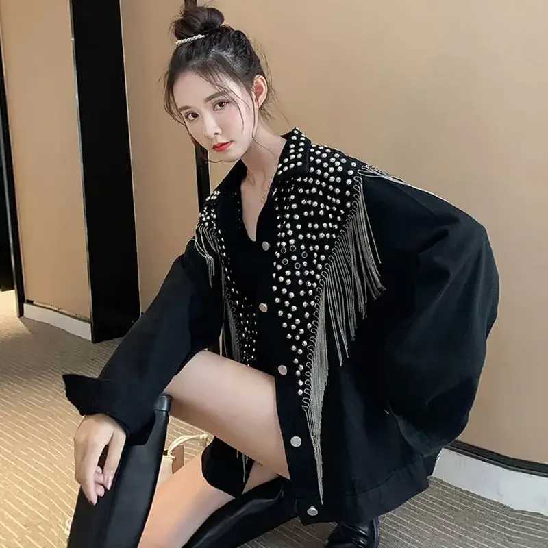 Patchwork Womens Denim Jackets Outerwears Spring Autumn Studded Biker Blue Female Jeans Coat Black Fringe Designer Deals New InX240920