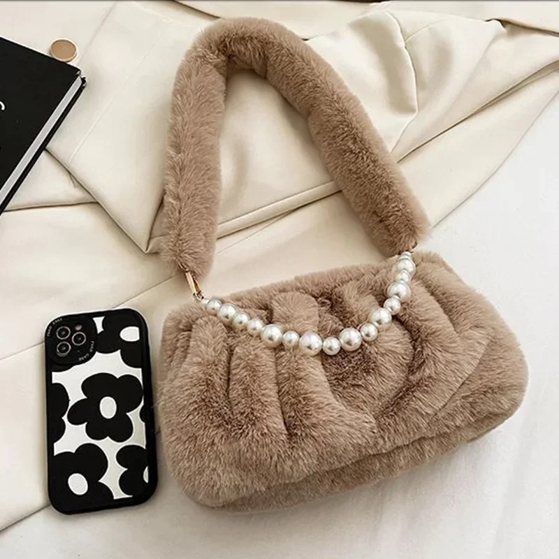 2025NEW Winter High Quality Plush Bags Fashion Versatile Zipper Shoulder Natural Pearl fashion trend Chain Underarm Bag Women Handbags fashion Beige B