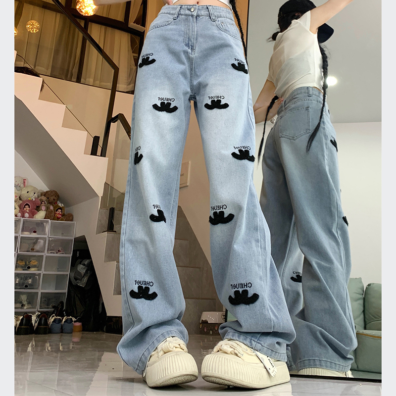 2026 Women Spring New High Waist Denim Straight Jeans Lady Embroidery Designer Casual Pants Girls Light Blue Wide Leg Trousers