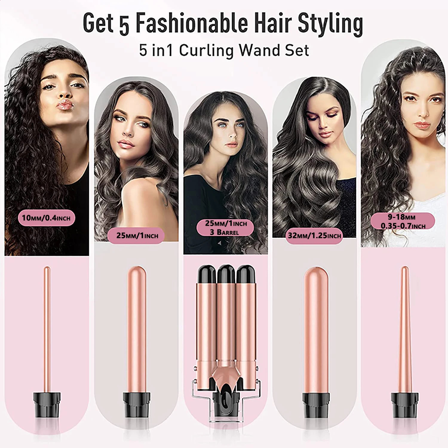 5 in 1 Hair Waver Curling Iron3 Barrel Hair Crimper with Fast Heating Up 0.4-1.25 Inch Crimper Wand Curler for All Hair Types 250206