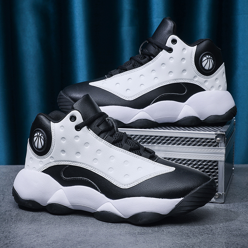 Black and white leather large size 46 basketball shoes for men's spring and autumn waterproof sports running shoes