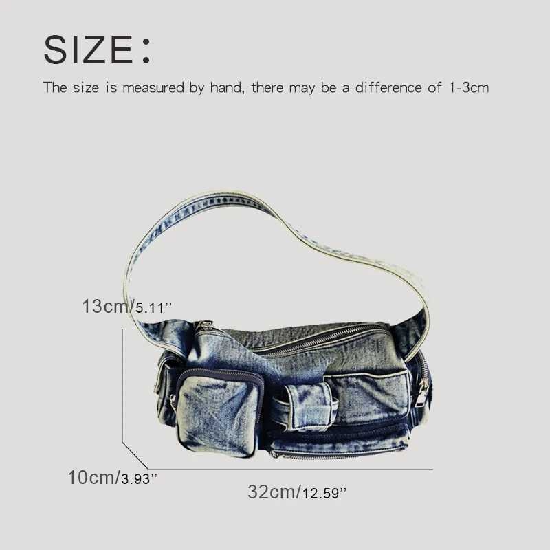 Moto & Biker Denim Bags for Women Luxury Designer Handbags Purses New in Y2k Multiple Pockets Washing Cloth Armpit Shoulder 240920