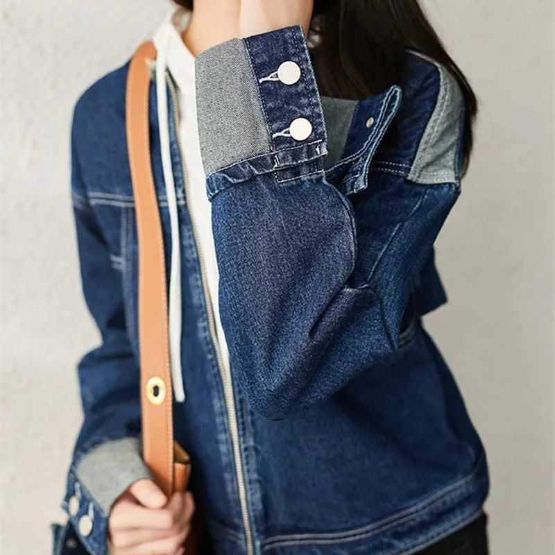 Female Clothing Solid Color Denim Coat Korean Spring Autumn Casual Stand Collar Zipper Fashion Pockets Tassel Spliced JacketsX240920