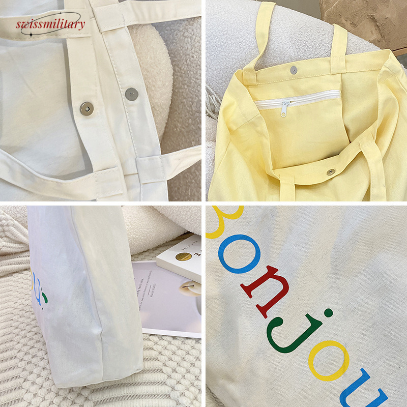 Korean Ins style letter canvas homemade simple color printed large capacity tote shoulder shopping bag #12 Swissmilitary