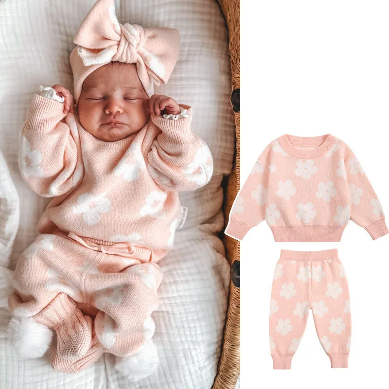 0-3T born Baby Womens Knitted Clothing Set Baby Sweater Set Flower Printed Knitted Top Warm Winter Set 240920