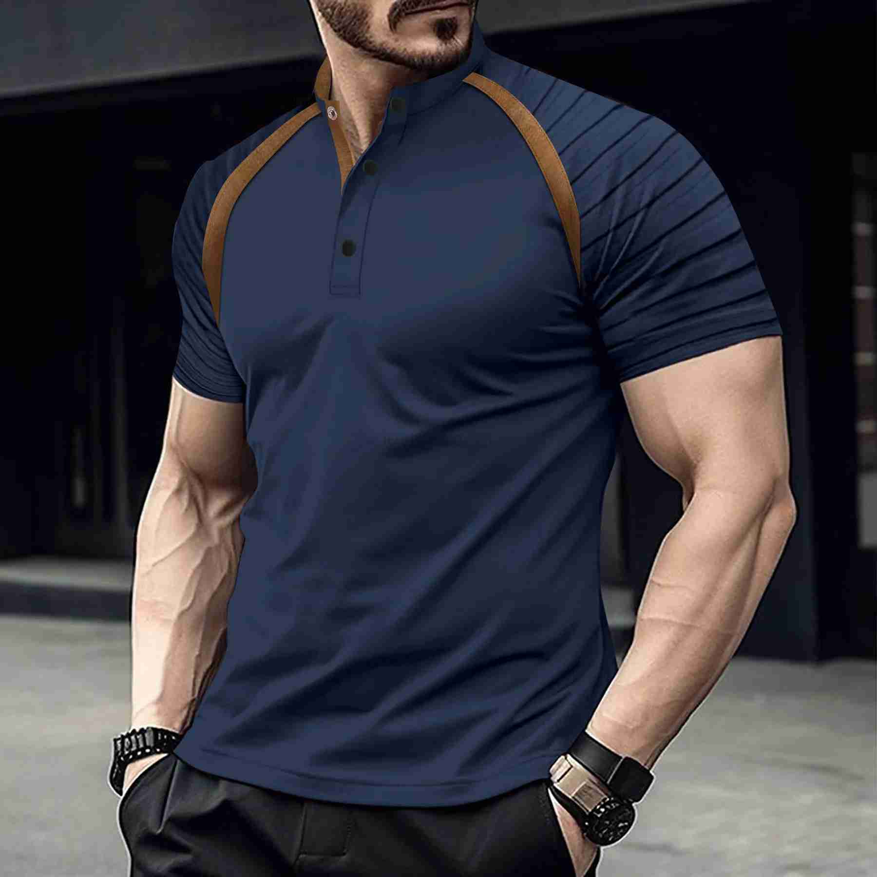 Mens Casual Summer POLO Shirt Stand Collar Spliced Retro Arm Stripes High Quality Comfortable Mens Loose Sports POLO ShirtXJ240920