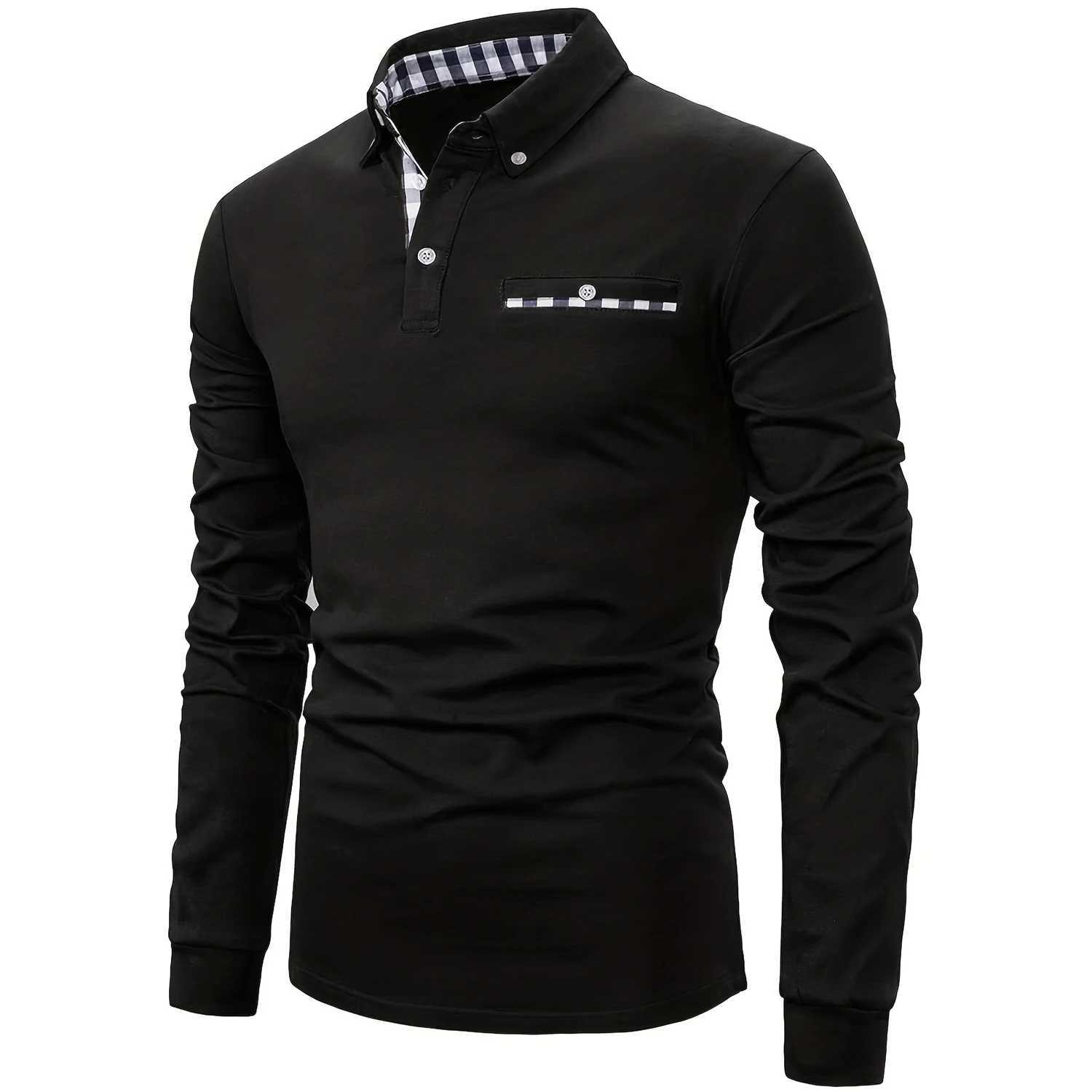 2023 Autumn New Fashion Mens Long Sleeve Solid Color Classic Polo Shirt Casual Business Patchwork Plaid Collared Shirts for MenX240920