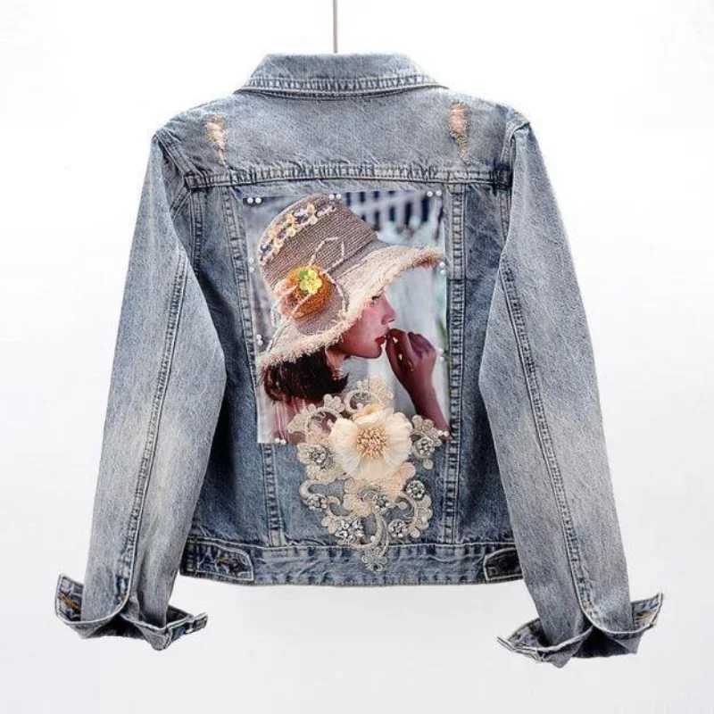Womens Denim Jackets Diamonds Spring Autumn Female Jeans Coat Embroidered with Rhinestones Patchwork Sequin Print Graphic BlueX240920