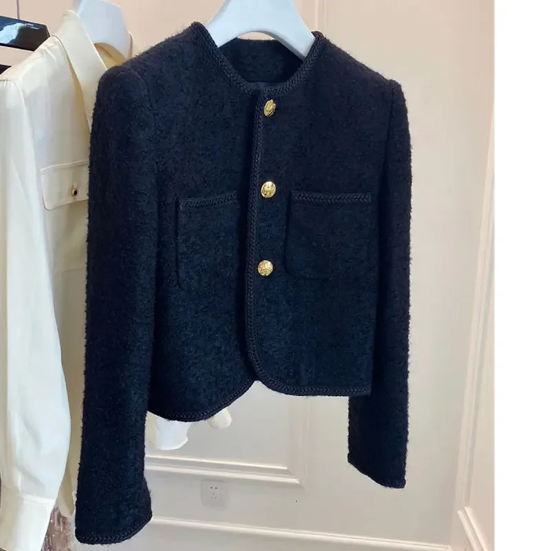 New High Quality Fashion Jackets Black Tweed Two Pockets Golden Buttons Elegant Coats Spring Autumn Women Clothes