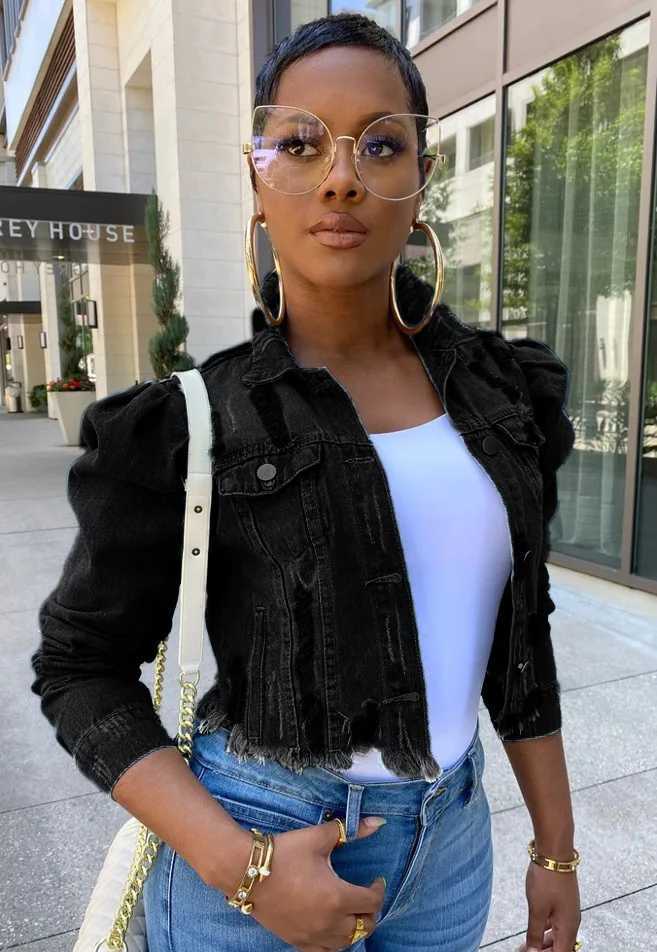 Women Hole Denim Jacket Outerwear Puff Sleeve Turn Down Collar Single Breasted Female 2024 Casual Vintage Short Jean CoatX240920