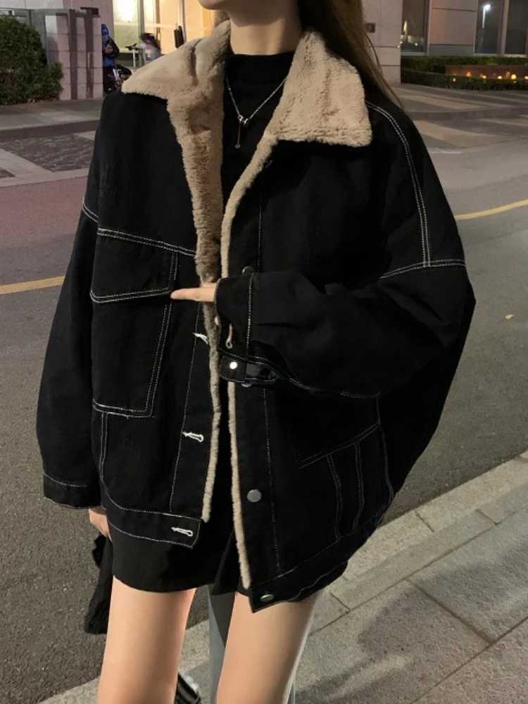 New Korean Fashion Winter Women Coat Warm 2023 Lapel Denim Thick Jacket Casual Work Clothes Cotton Padded Jackets for Women TopsX240920