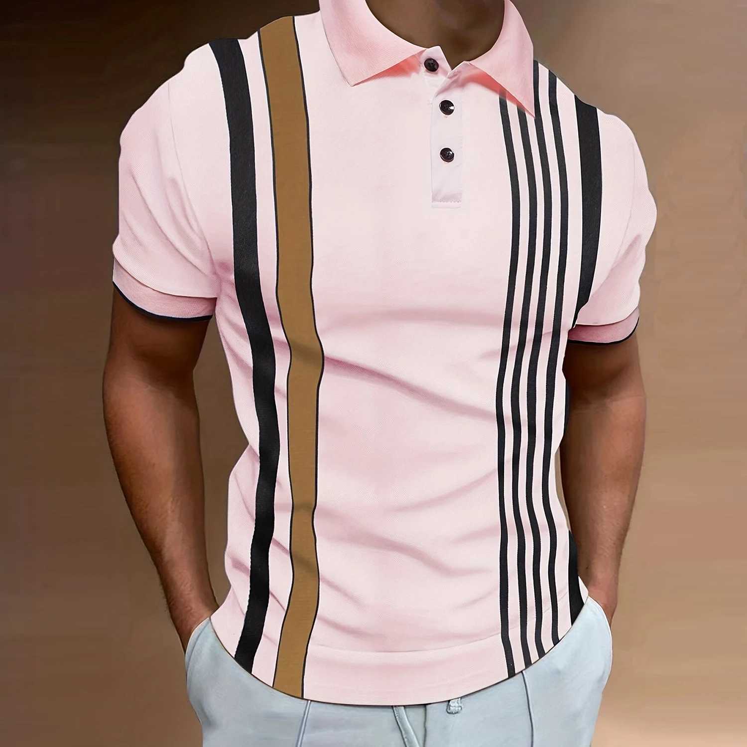 2024 New Fashion Mens Contrast Vertical Striped Polo Shirts Casual Business Short Sleeve 100% Polyester Patchwork Polos for MenX240920