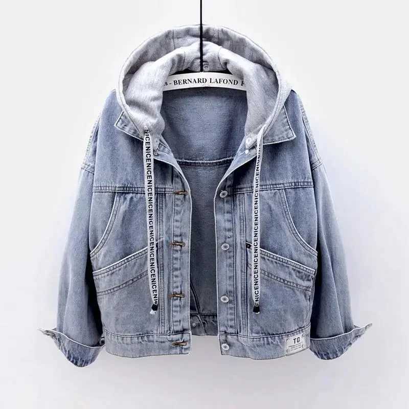 Blue Hooded Turn-down Collar Denim Jacket Women Loose Button Patchwork Outwear Jean Coat FemaleX240920