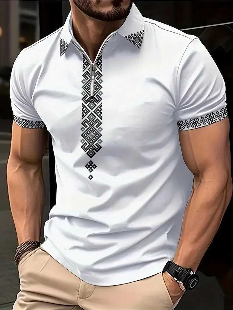 2024 Summer Fashion Mens Polo Shirt Lapel Zip Stripe Tie Print Mens Sports And Leisure Breathable Polo Shirt Mens ShirtX240920