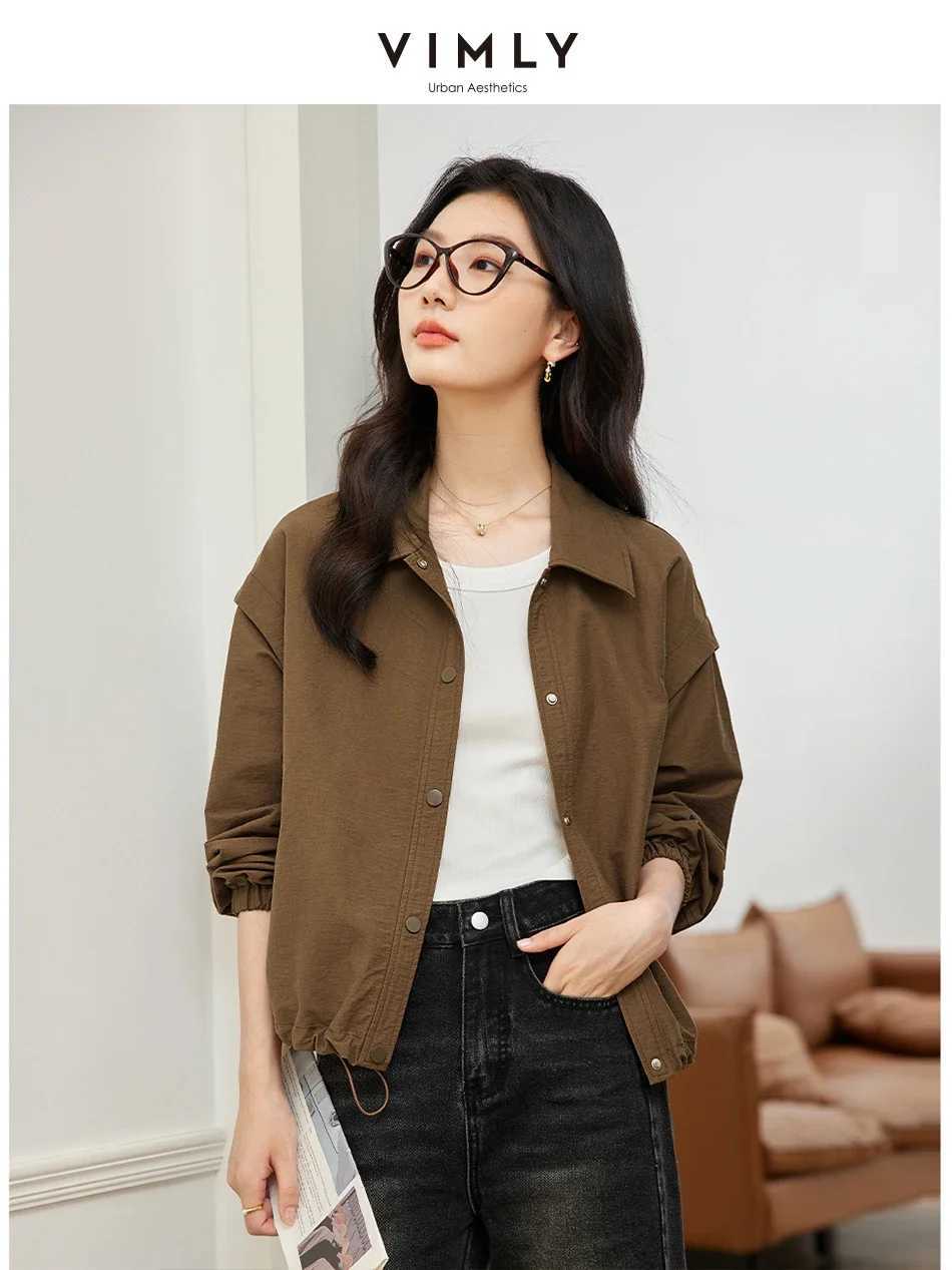 VIMLY Womens Simple Short Jacket Coat Autumn Button Baseball Aviator Cropped Jackets for Women Long Sleeve Commuter OuterwearX240920
