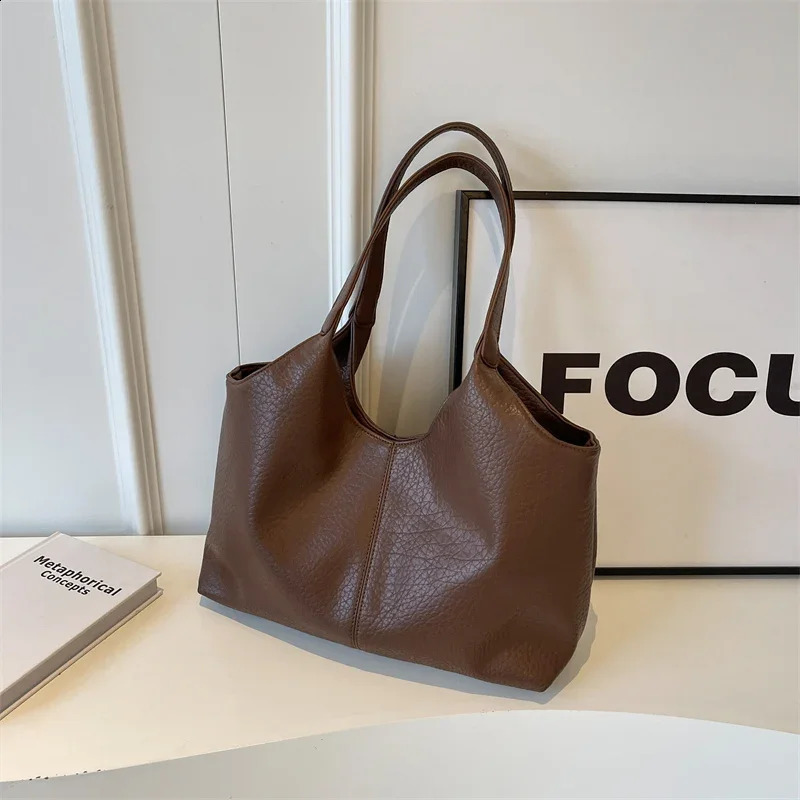 Retro Big Pu Leather Tote Bags Women Korean Simple Large Capacity Shoulder Bag Fashion Solid Shopper Handbags Female 240918
