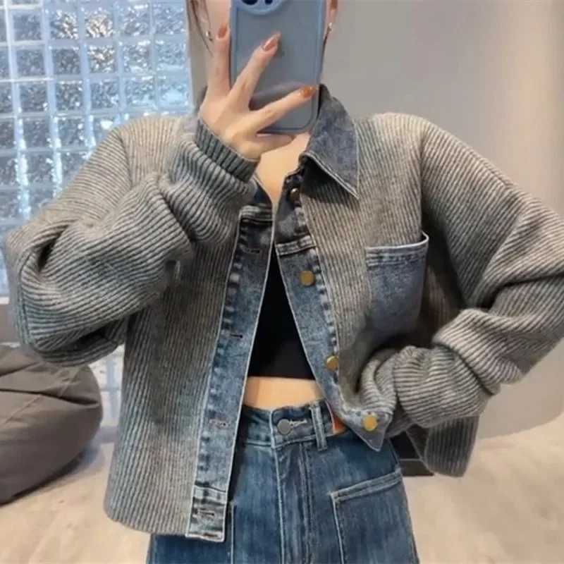 Korean Style Design Niche Loose and Western-style Sweater Womens 2024 Autumn New Denim Patchwork Knitted Top Fashionable JacketX240920
