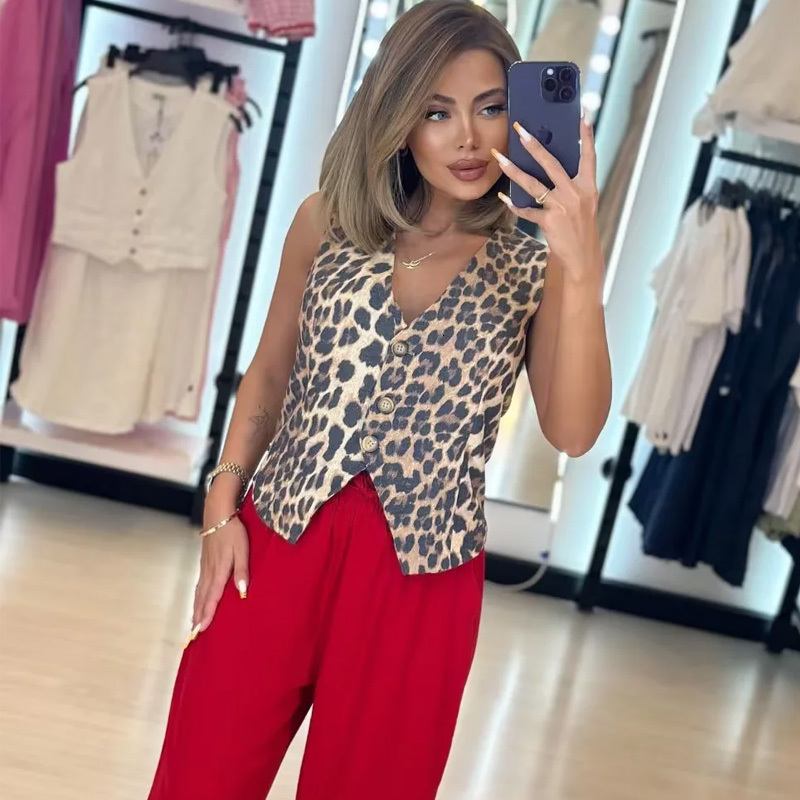 TRAF Leopard Women Vintage Sleeveless Woman Outerwears Animal Print Cropped Suit Vest V Neck Waistcoat Short Coats