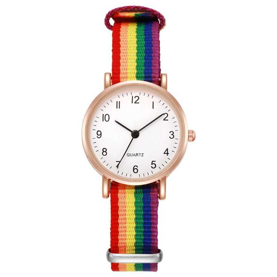 Fashion popular new girls quartz watch rainbow color canvas strap womens watch wholesaleX240920