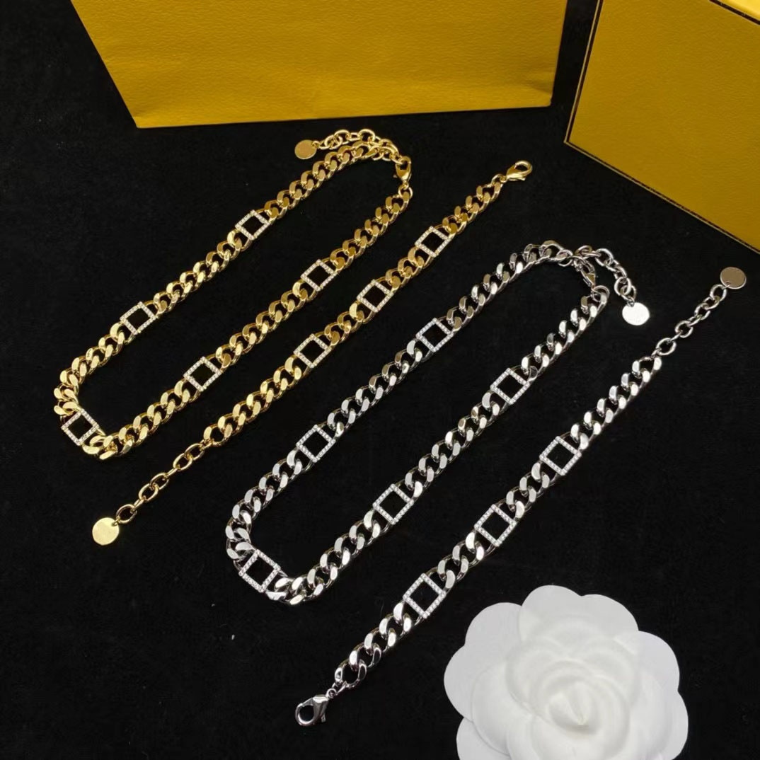Luxury Designer Diamond Letter Chokers Necklace Fashion Delicate Chain Bracelet Women's Gift Jewelry Set Gold silver optional