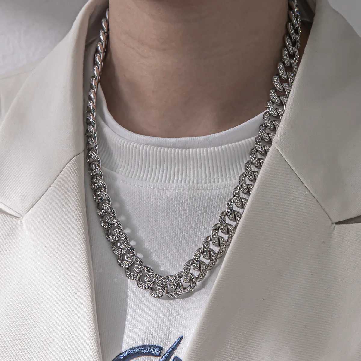 New Design Trend Hip Hop Titanium Steel Necklace ins Fashion Double Row Full Diamond Punk Cuban Necklace For Men and WomenX240919