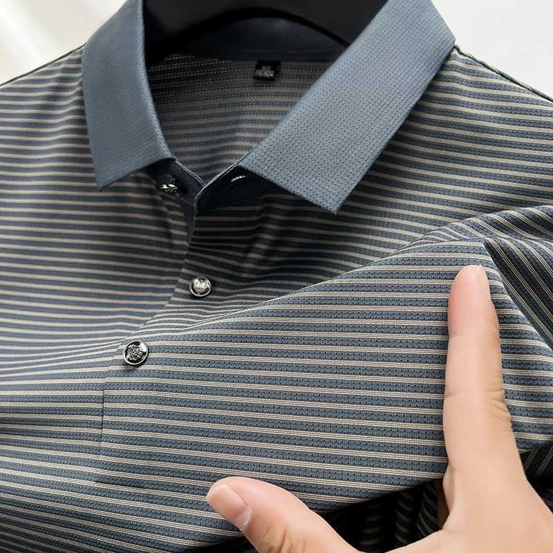 High end Brand Mens POLO Shirt Ice Silk Seamless Short Sleeve 2024 Summer New Fashionable Stripe T-shirt Business Casual MensweXJ240920