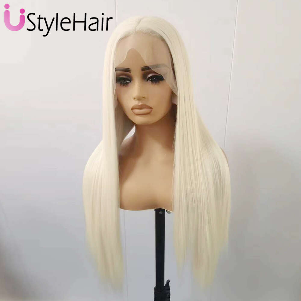 Ustylehair Platinum Blonde Long Silky Straight Wig 13X6 Lace Wigs For Women Heat Resistant Synthetic Hair Daily Used Front