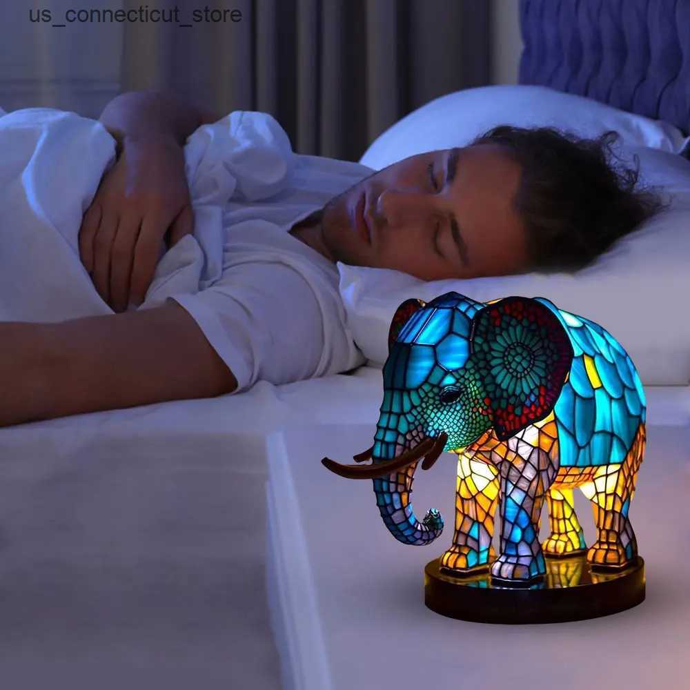 Novelty Lighting 3D Stained Glass Table Lamp Resin Animal Shape Night Light Elephant Wolf Dragon Desktop Ornaments Bedroom Atmosphere Light L240910