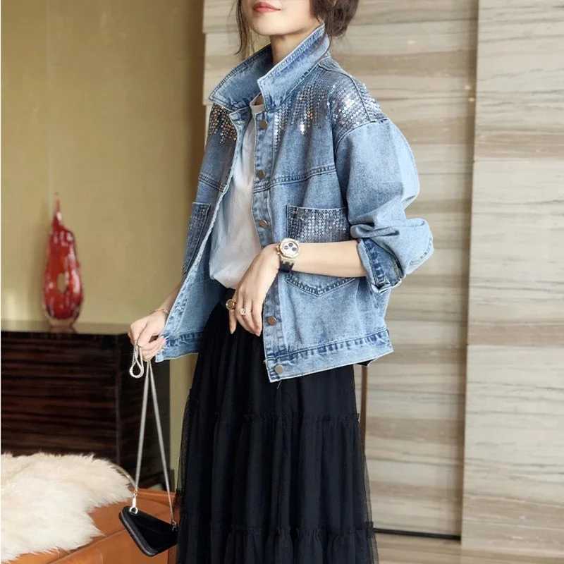 Spring Autumn new women sequin short denim jacket fashion pocket Cowboy Outwear loose Long sleeve jeans coat female tide R341X240920