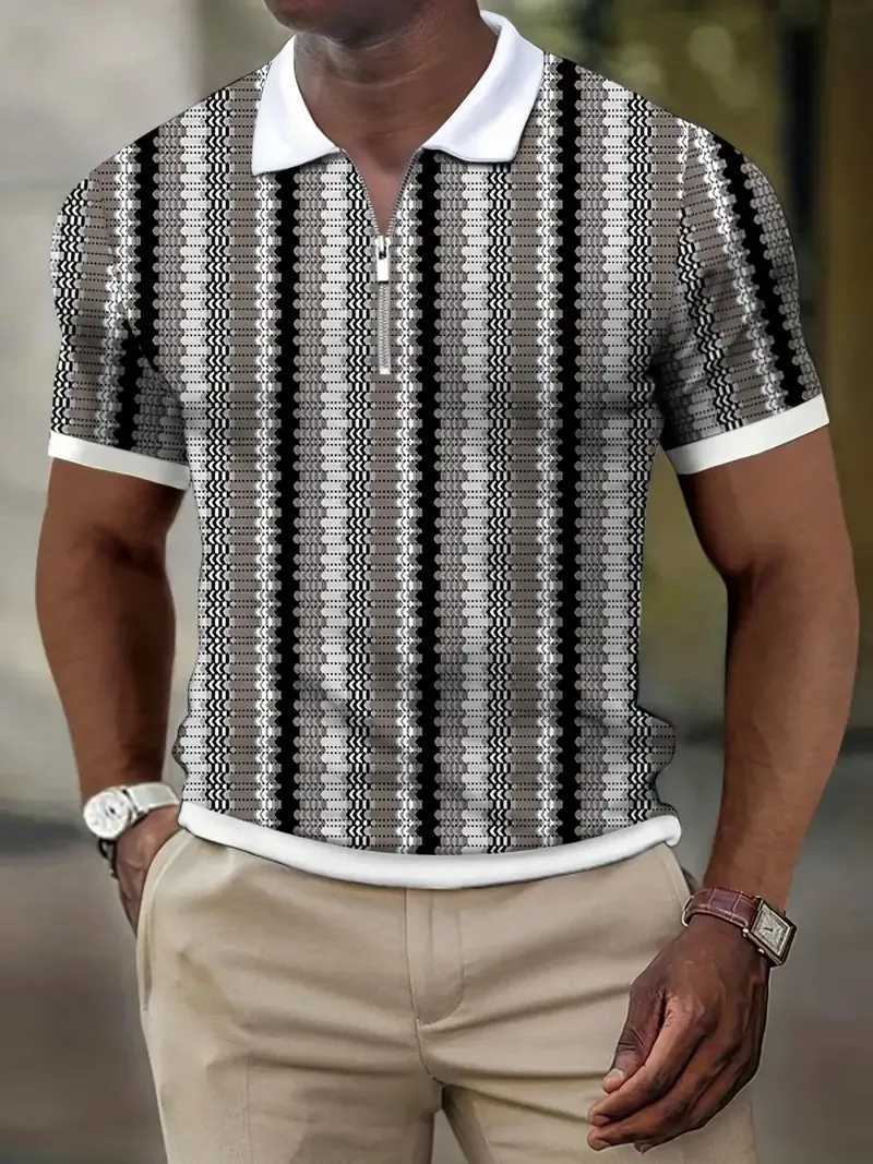 Mens Summer New Striped Polo Shirt Short-sleeved Lapel Zip T-shirt Mens Casual Streetwear Fashion Breathable Mens TopsX240920