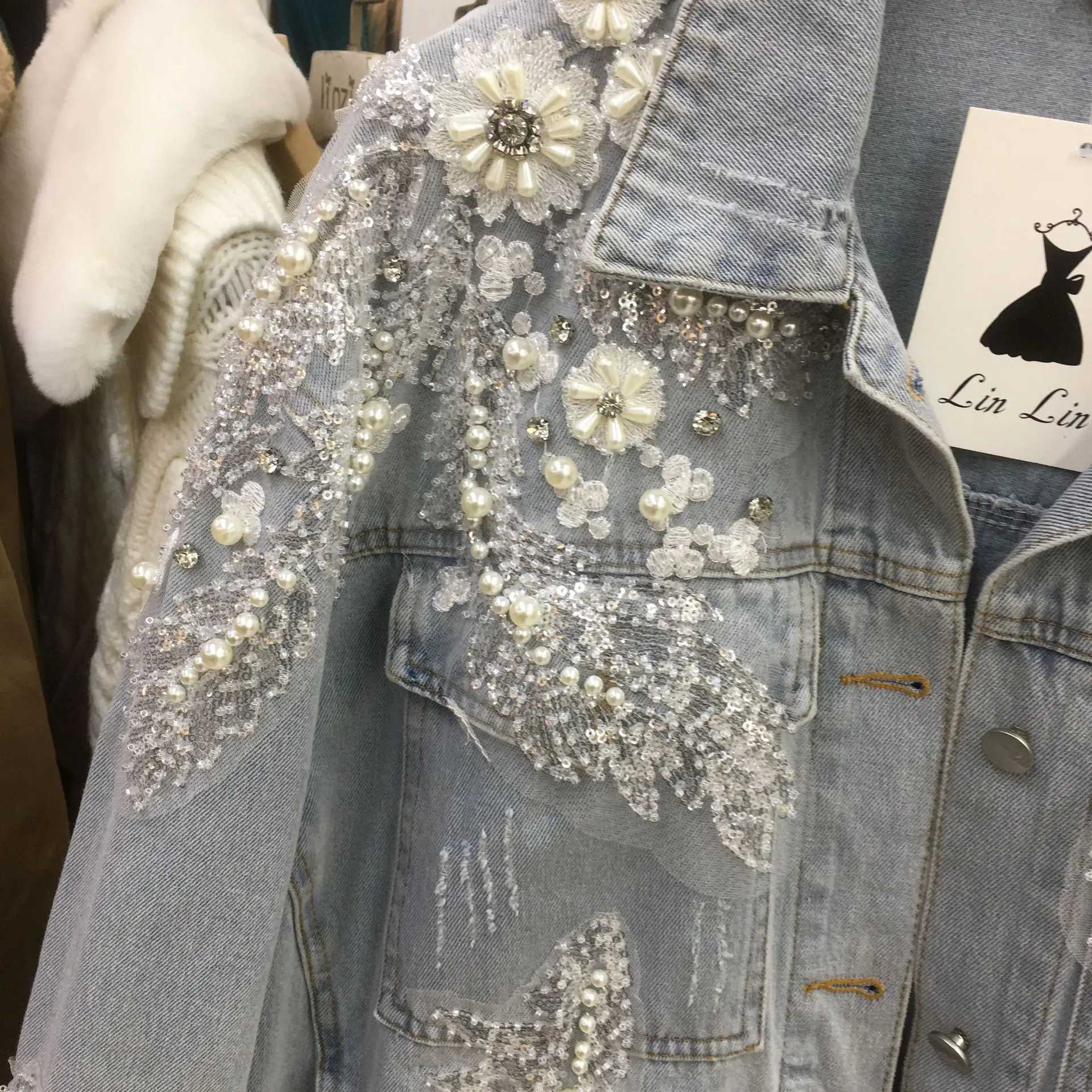 Women Pearls Beaded 3D Floral Lace Embroidery Sequin Denim Coat Flowers Diamonds Distressed Jeans Jacket Cowboy Cardigan TopsX240920