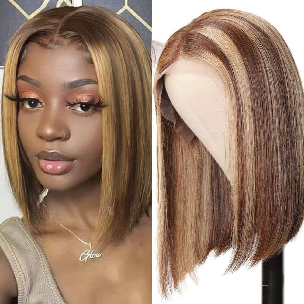 Highlight Human Hair Wigs Brazilian Straight 4X4laceclosur For Women Colored Honey Blonde P4/27 Bob Lace Frontal Wig