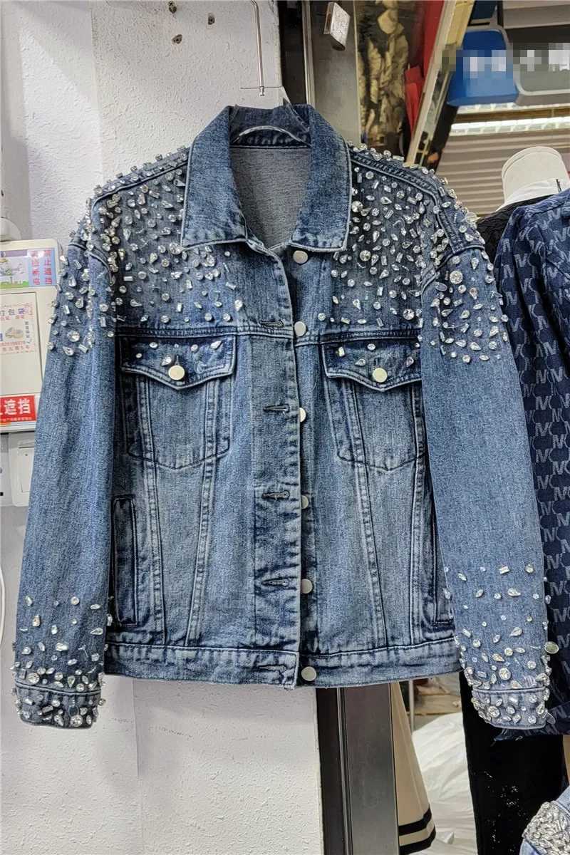Retro Crystal Denim Coat Diamonds Beaded Jeans Bomber Jacket Cardigan Gemstones Cowboy Rhinestones Streetwear Tops ChaquetasX240920