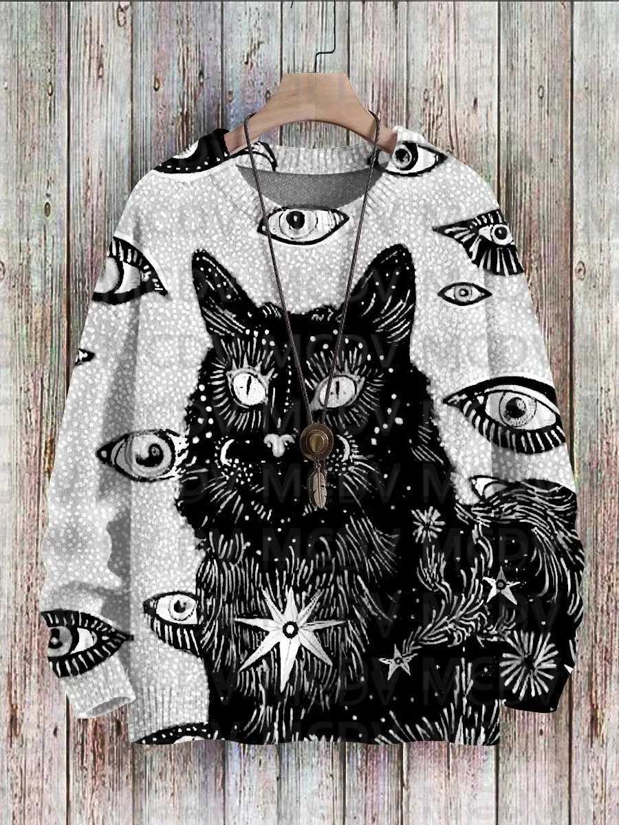 Halloween Black Cat Witch Art Printed Casual Sweatshirt Women For Men Sweater Y240920