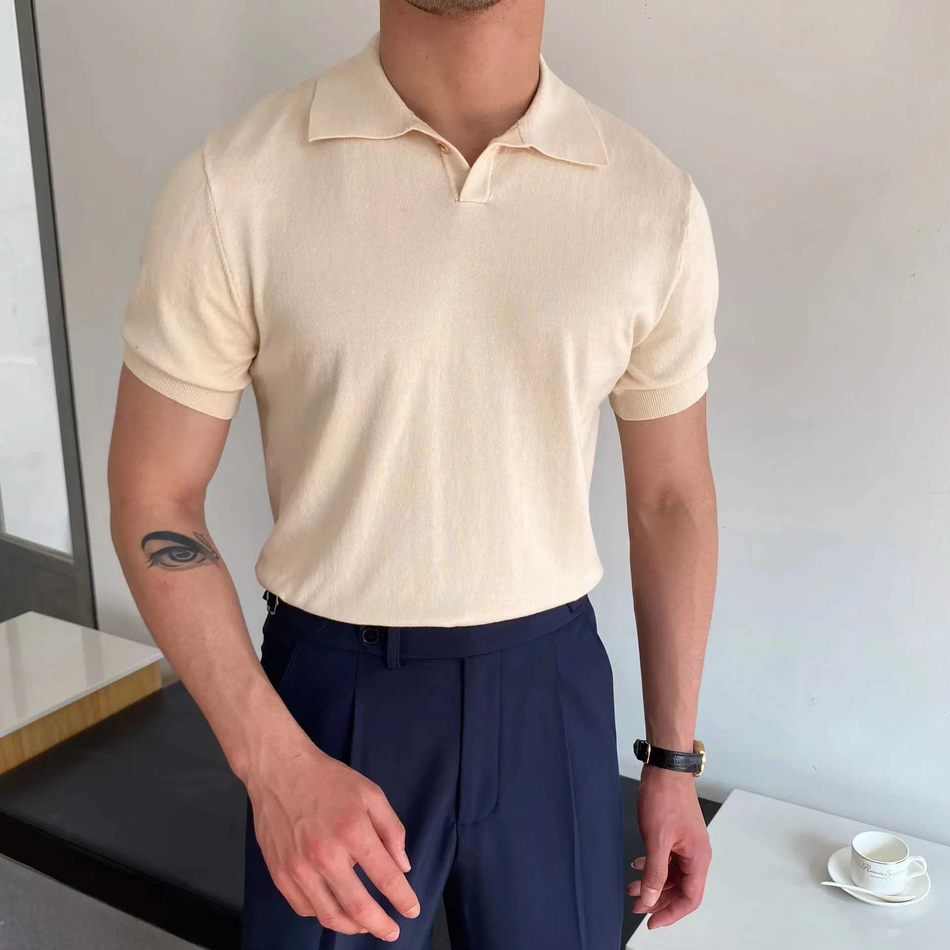 Spring Summer New Mens Knitted Polo Shirt Striped Casual Slim Tees Men Lapel Business Pullover Polo Short Sleeve Tops ClothingX240920