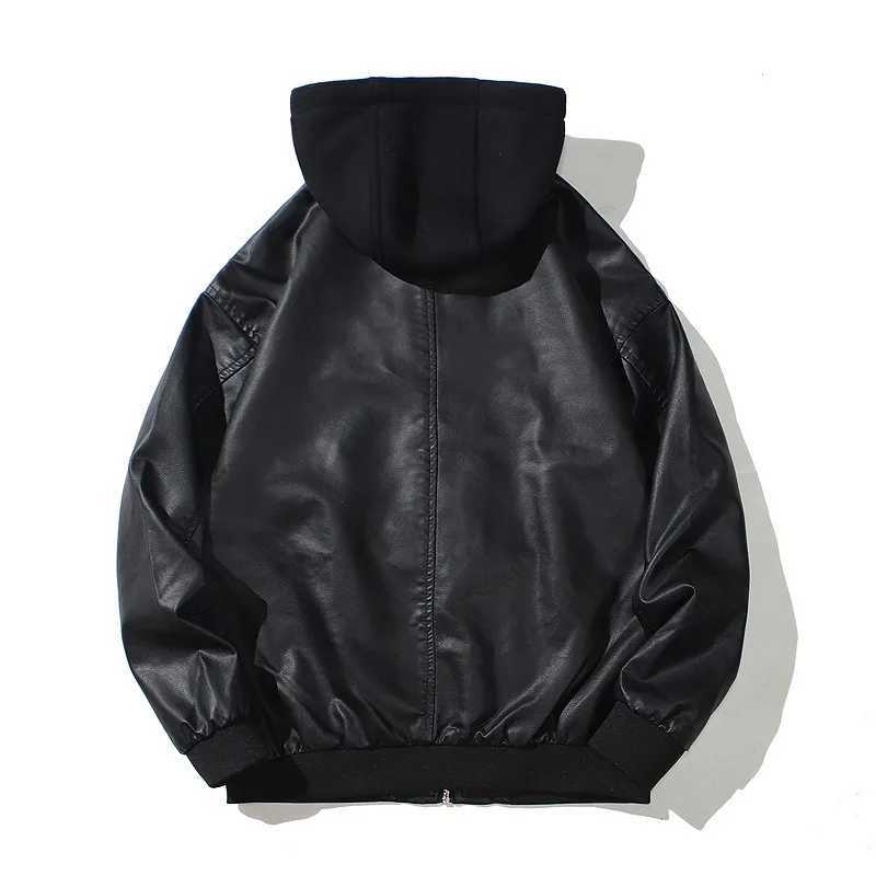 Mens Hooded PU Leather Jacket Motorcycle Hooded Young Leather Plus Cotton Padded Coat Men M240919