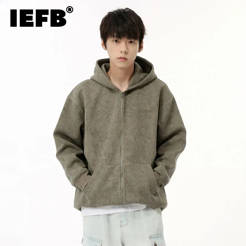 IEFB Korean Mens Hoodie Pattern Zipper Solid Color Loose Top Pulling Casual Clothing Trend Autumn 9C6861 240911