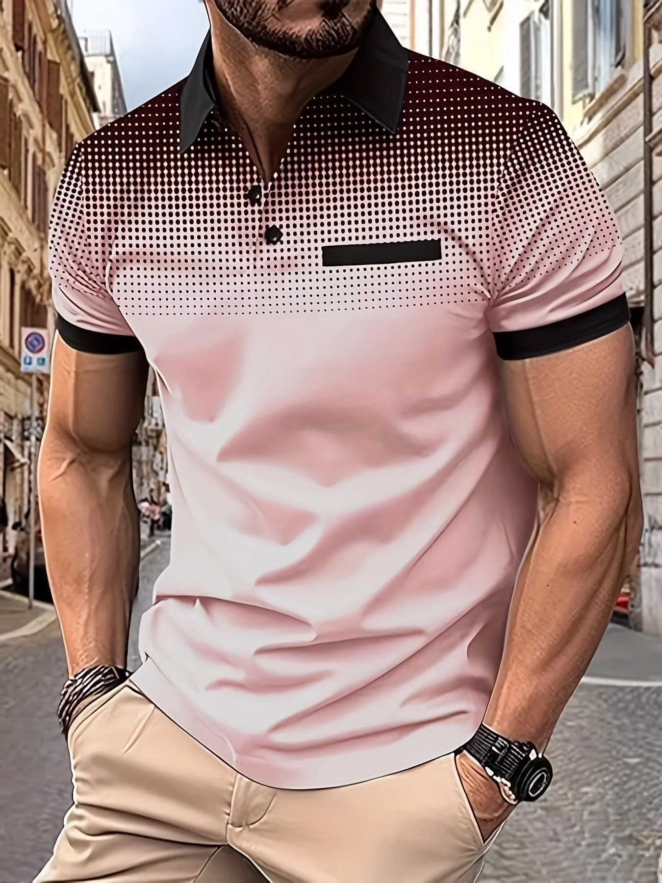 Mens Stylish Gradient Color Short Sleeve Shirt - Lapel Collar 1/4 Button Closure Simple Print Polo ShirtX240920