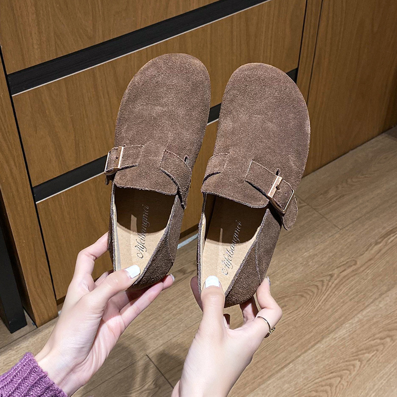 New cowhide Haken shoes for women in spring, casual round toe flat shoes, height increasing single shoes, lazy people, one foot shoes
