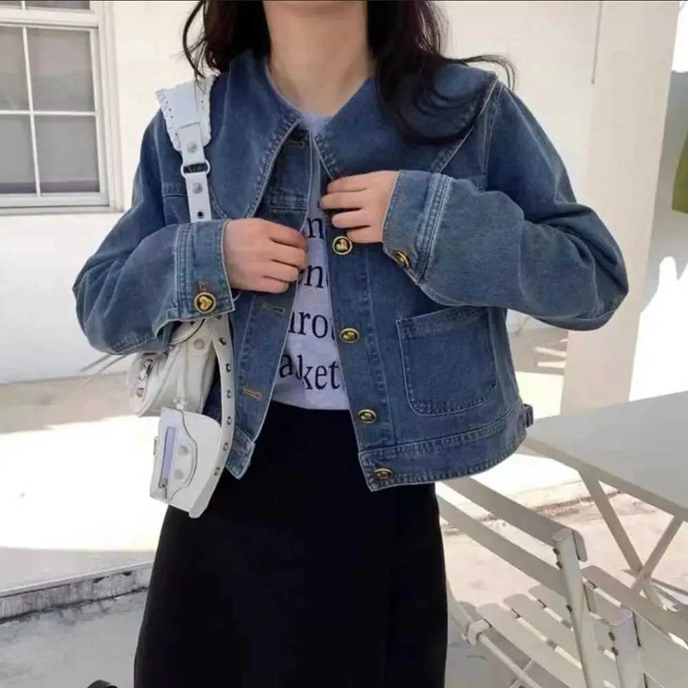 Korean Style Sweet Peter Pan Collar Retro Jean Coat For Women Long Sleeve Outerwear Tops Ladies Short Love Button Denim JacketsX240920