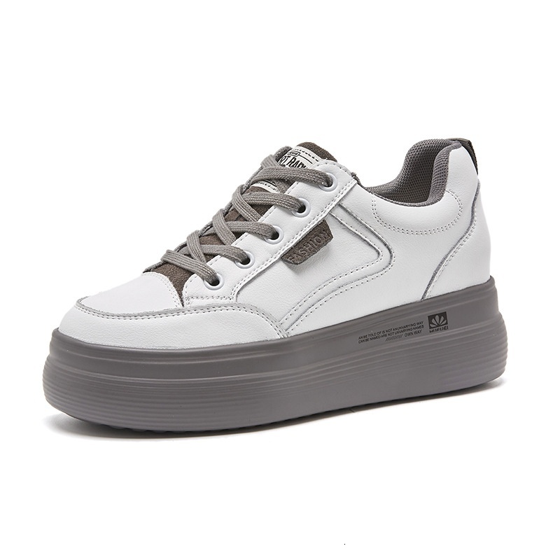 Genuine leather white women, 2024 autumn new versatile thick soled sponge cake with increased height breathable sports and leisure board shoes for wom