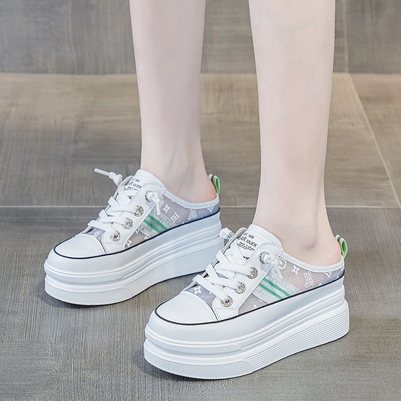 Little White Summer Breathable Inner Elevated Women's Shoes 8cm Genuine Leather Thick Sole Matsutake Casual Mesh Half Slippers