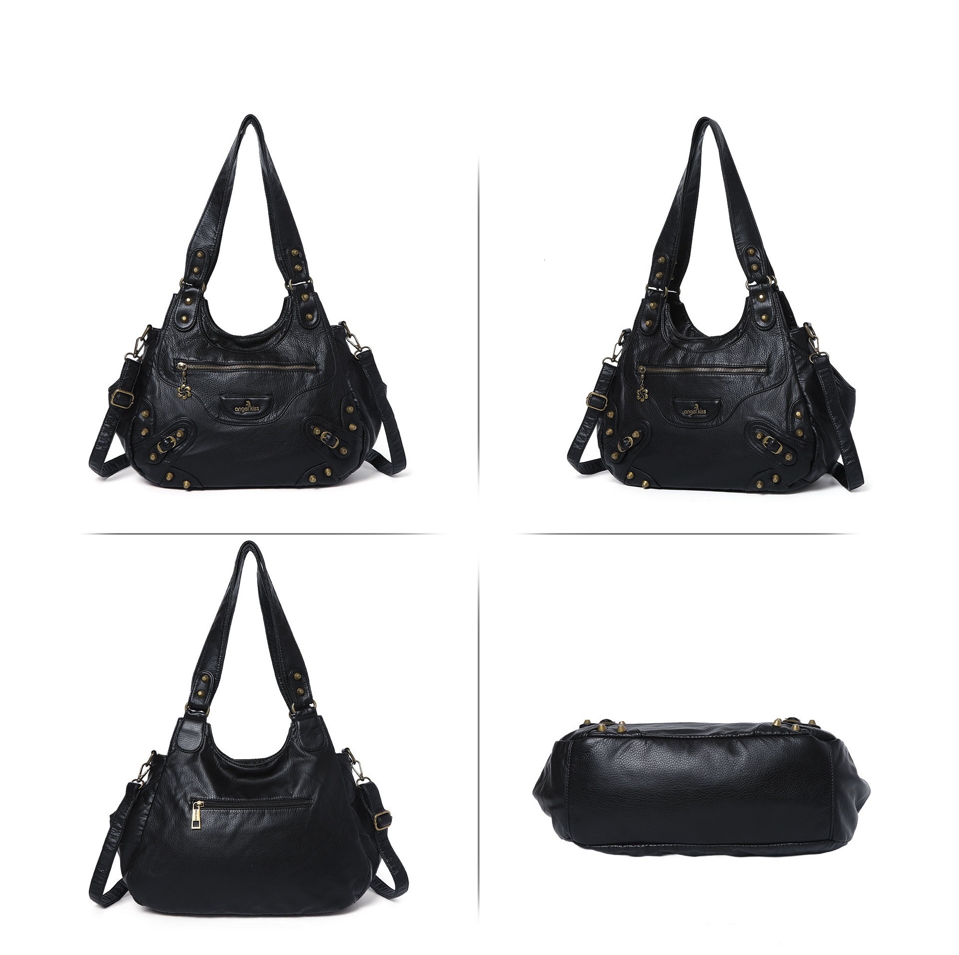 Women's fashion handbag PU casual rivet black Hobo crossbody bag shoulder bag