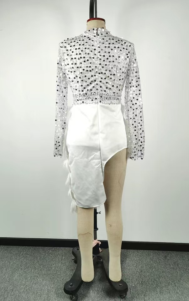 Casual Dresses Women Dress Sparkly Silver Sequins Feather Gold Round Neck Nude Banquet White Slit Short